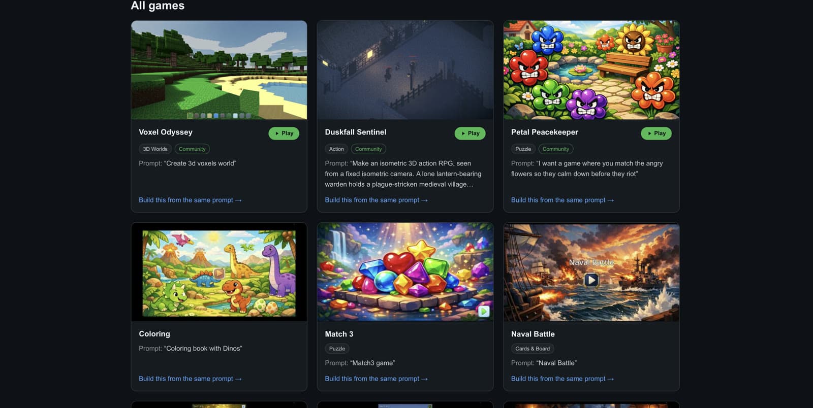 The GamePrompt gallery: generated games such as a voxel world, an isometric RPG and a match-3, each shown with the prompt that built it.