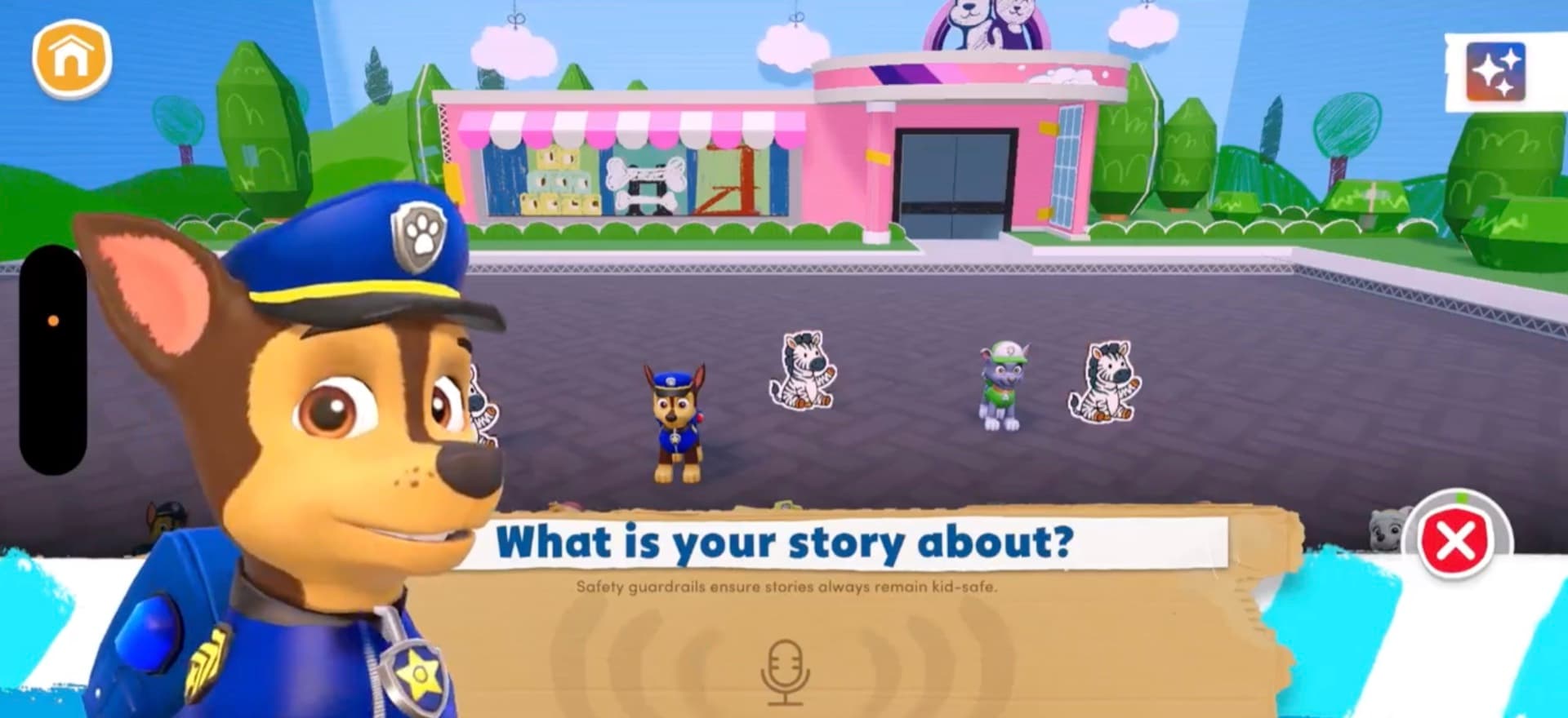 Chase from PAW Patrol asking "What is your story about?" above a voice prompt, with a note that safety guardrails keep stories kid-safe.
