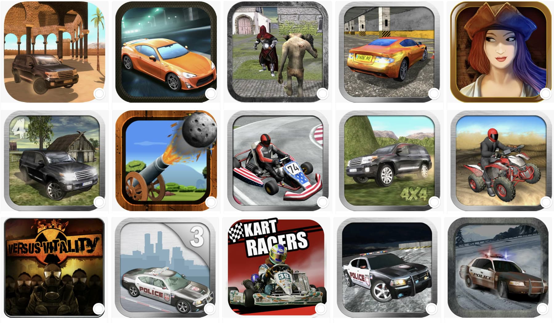 App icons from the catalogue: off-road, kart, police chase and parking games, a fantasy RPG and a cannon physics game.
