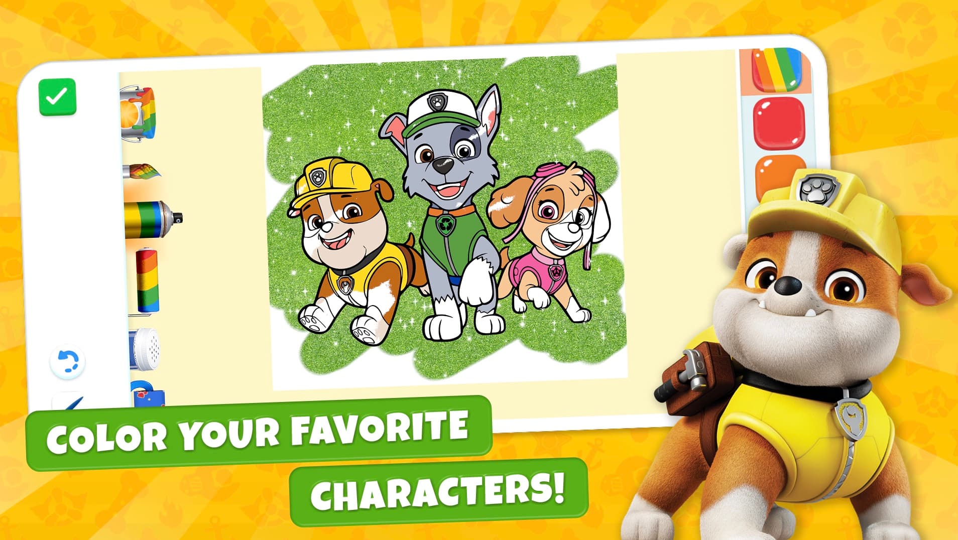 The Coloring activity in PAW Patrol: The Game, with Rubble, Rocky and Skye being painted in glitter green.
